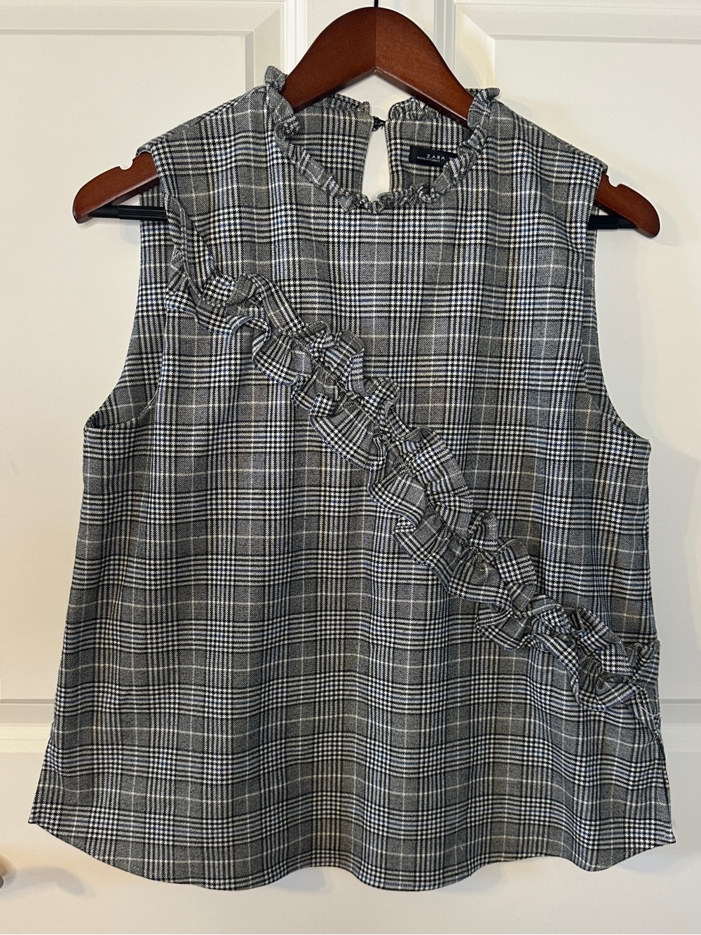Plaid Ruffle Blouse Womens Sleeveless Glen Plaid Mock Neck Business Casual Top